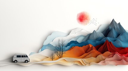 A Dreamlike Journey of a Car Across Majestic Mountain Ranges in a Surreal Paper Cutting Abstract Landscape with Celestial Botanic Elements