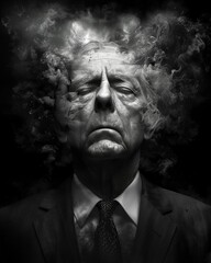 Businessman embracing overthinking with smoke emanating from his head in a creative depiction