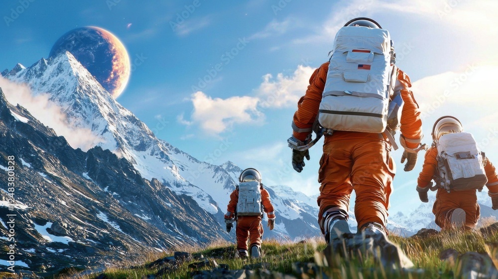 Poster astronaut floating in serene deep space overlooking majestic earth isolated figure in spacesuit agai