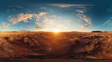 360 degree full panorama environment map of dry landscape landscape with grass and stones sunset evening mood 3d render illustration hdri hdr vr virtual reality. 3D Illustration