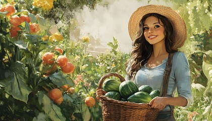 A cheerful gardener harvests her crop of green melons