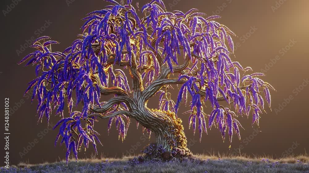 Poster a surreal tree with vibrant purple and golden textured clusters glowing in soft sunlight, swaying to