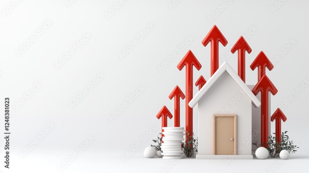 Poster a 3d rendered image depicting multiple bold red arrows pointing upwards towards a simple house icon 