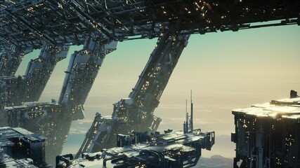 A breathtaking view of a futuristic city suspended in the sky. Innovative structures feature intricate designs and glowing lights, highlighting a vision of advanced urban living among the clouds.