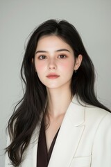 Fototapeta premium Confident Businesswoman in White Suit with Natural Beauty