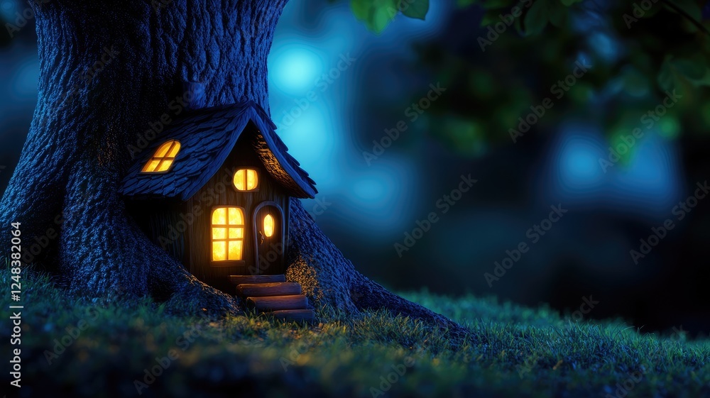 Poster small illuminated house at base of tree in fantasy setting