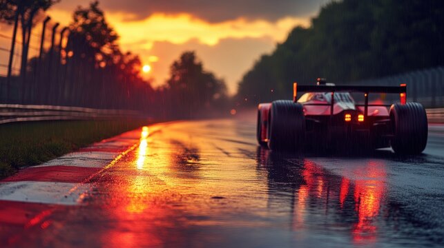 Formula 1 Car Racing on a Wet Track