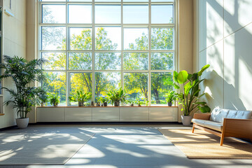 Bright and cozy modern lounge with yellow armchairs and large windows