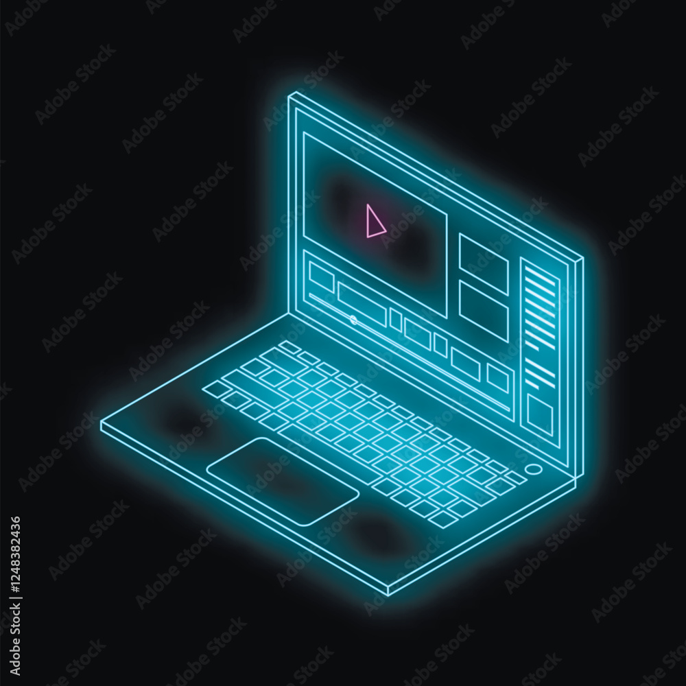 Poster glowing laptop displaying video editing software, symbolizing content creation and digital media pro