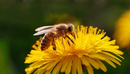 A honeybee collecting nectar from a bright yellow dandelion, with visible pollen grains, highlighting the beauty of nature and pollination.
