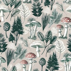 Seamless pattern, pattern, watercolor, vintage minimalist plant pattern, light pattern with botanical elements and mushrooms on a light background