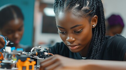 Young African American Woman Collaborating with Team in Innovative Technology Workshop Setting