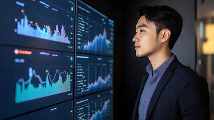 Focused Asian Man Analyzing Business Metrics and Performance Data in Modern Office Setting