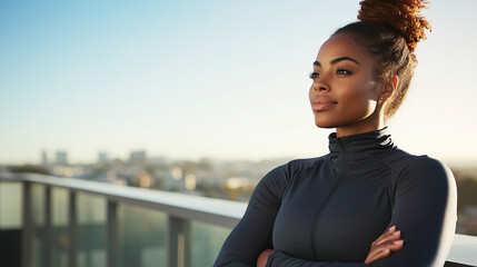 Confident African American Woman in Activewear Enjoying a Scenic Urban View