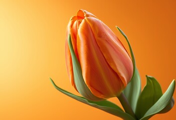Close-up of an orange-yellow tulip bud about to bloom