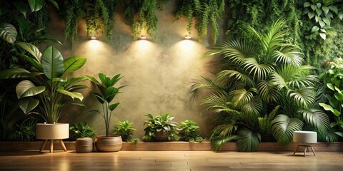 Serene Indoor Oasis Lush Greenery, Soft Lighting, and Tranquil Ambiance Featuring Planters and Minimalist Furniture