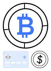 Bitcoin symbol in segmented circle, contactless payment-ready credit card, and dollar icon. Ideal for fintech, blockchain, digital wallets, investments, transactions, e-commerce abstract line flat