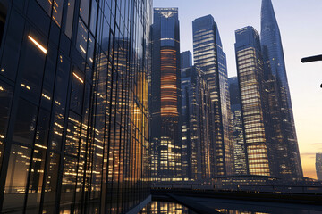 Modern city skyline at dusk with illuminated skyscrapers