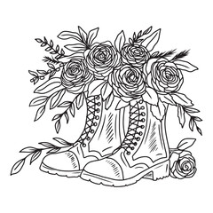 Bouquet with rose flowers and branches with leaves in autumn winter boots with laces in black on white. Hand drawn vector sketch illustration in doodle engraved vintage line art style