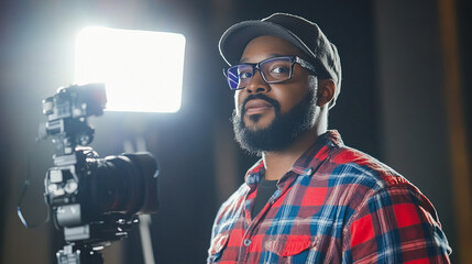 Professional African American Man Recording Video in Studio Environment with Camera Equipment