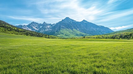 Mountain meadow landscape, sunny day, green grass, forest background