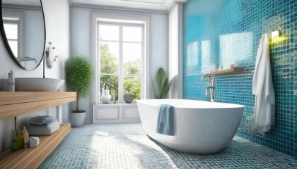 A sleek, modern bathroom featuring a freestanding tub, vibrant blue tiles, natural light, and stylish decor elements.