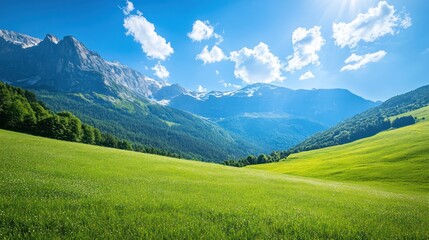 Sunny Alpine meadow, mountain backdrop, summer day, idyllic landscape, travel