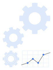 Rising line graph with blue points and gears symbolizing data analysis, productivity, and progress. Ideal for business, teamwork, efficiency, technology, innovation, strategy abstract line flat