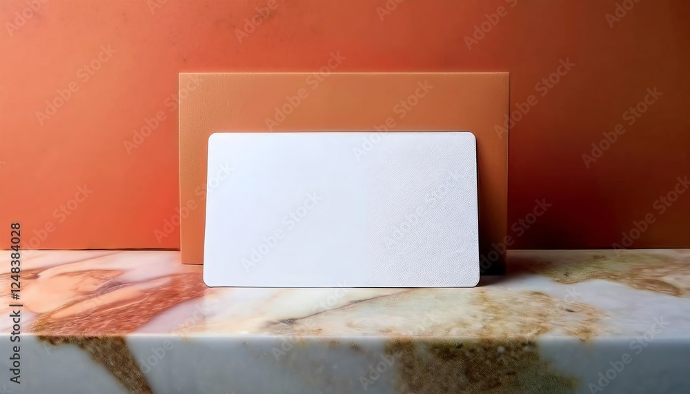 Poster a minimalist composition featuring a blank white card and an envelope on a textured surface, creatin