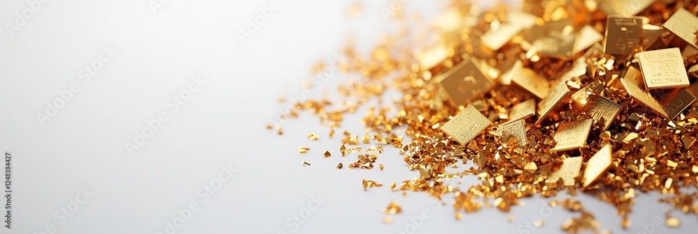 Poster shimmering gold flakes scattered across a smooth surface, reflecting light and creating a luxurious 