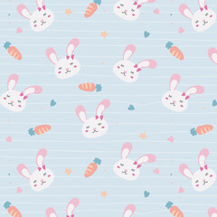 Seamless pattern with bunny rabbit cartoons, cute flower and carrot on stripped background. Rabbit face icon sign vector.