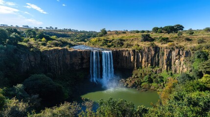 Fototapeta premium Waterfall cascading into pool, lush landscape, sunny day, travel photography