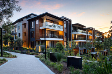 Fototapeta premium Modern luxury apartment complex with tropical landscaping at dusk