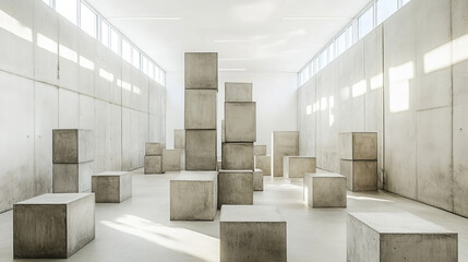 Room Filled With concrete cubes, Minimalist and industrial Interior Decor 360 panorama vr environment map. 3D Illustration