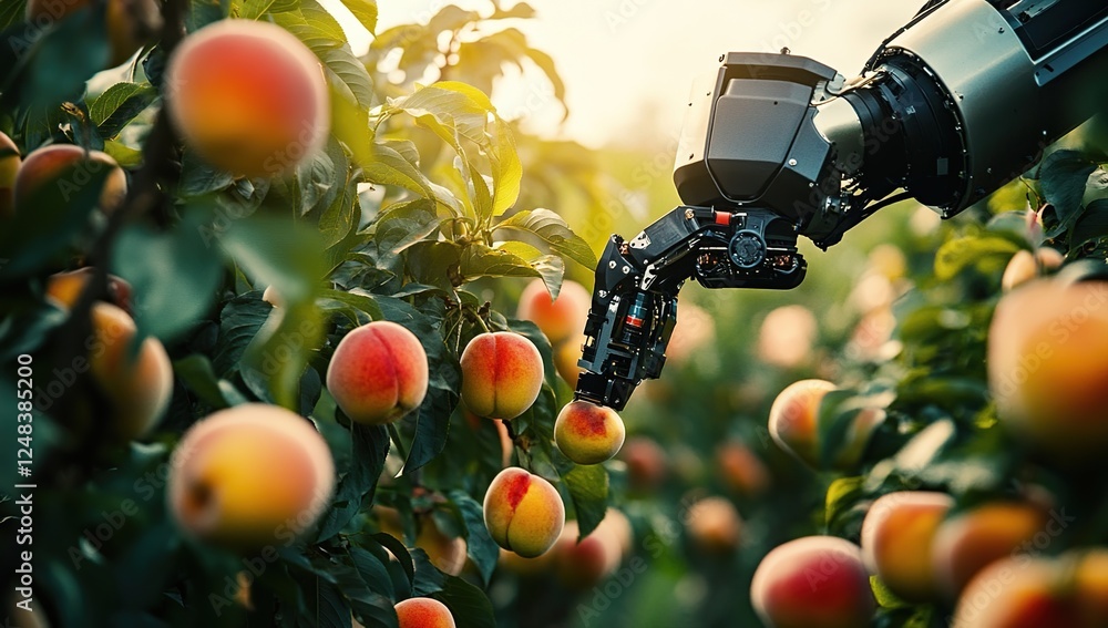 Poster robots harvest ripe peaches efficiently on farm, automating agriculture with ai for optimized yields