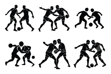 Two players fighting for the ball during a game black silhouette vector.
