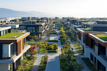 Obraz premium Modern sustainable residential neighborhood with green rooftops and landscaped pathways