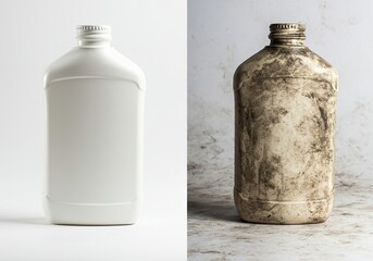 Clean vs. Dirty Bottle Comparison Hygiene Emphasis. Perfect for advertisements and campaigns highlighting the importance of cleanliness and hygiene, or showcasing the effectiveness of cleaning product