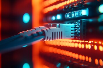 Network cable connecting server, data center, glowing lights, background activity, IT infrastructure