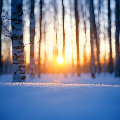 Winter Sunset in Birch Forest