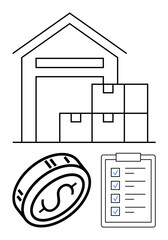 Warehouse with boxes, coin featuring dollar symbol, and checklist on clipboard. Ideal for logistics, inventory, finance, budgeting, business planning supply chain and auditing. Line metaphor