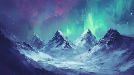 Snowy Mountains Underneath a Vibrant Aurora Borealis