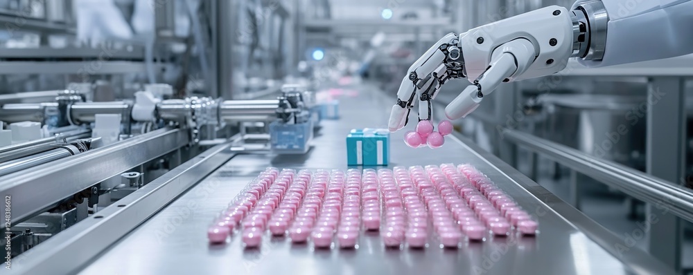 Poster robots automate pharmaceutical pill packaging process on assembly line efficiently