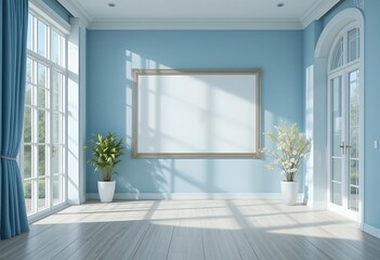 Fototapeta premium Elegant Blue Room Interior with Blank Frame Mockup for Artwork Display
