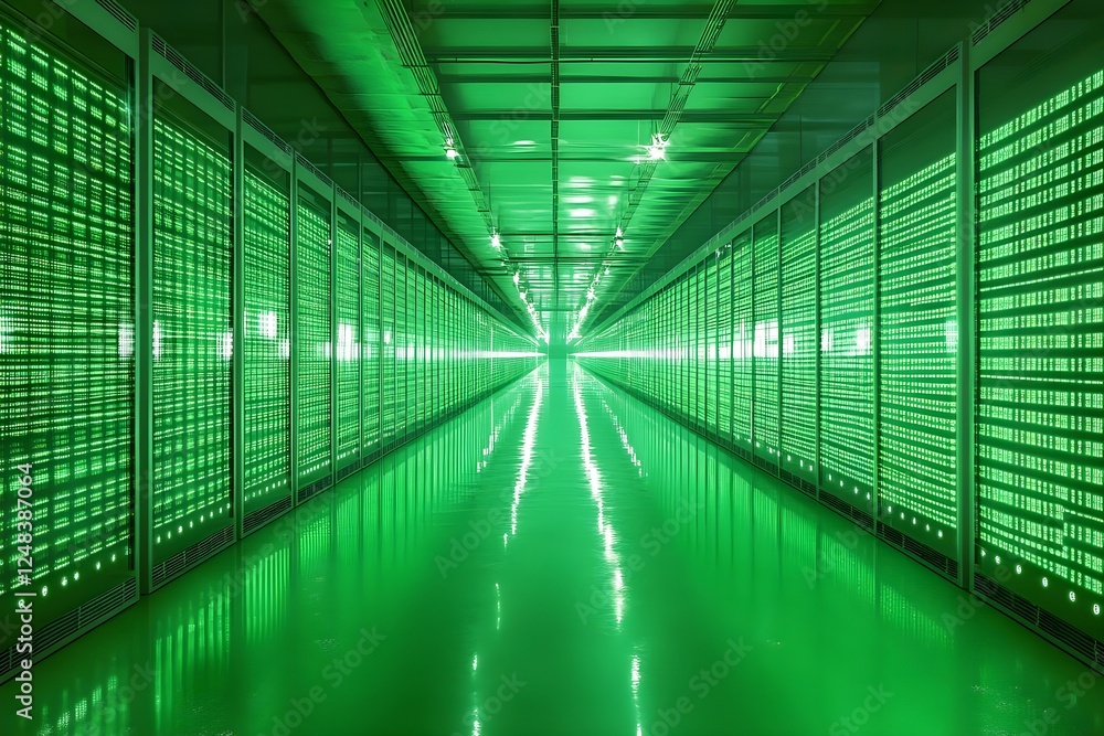 Poster a futuristic data center filled with glowing green servers and illuminated pathways, reflecting a hi