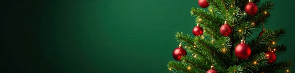 Fototapeta premium Tall green Christmas tree decorated with shining red ornaments and star tree topper , merry christmas, decoration, yuletide