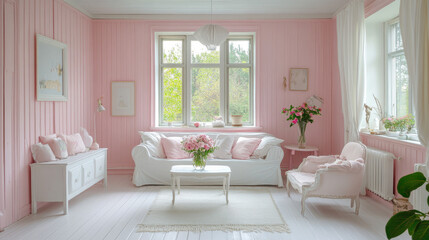 Obraz premium empty vintage living room soft pink rose pastell wall with white wood floor tiles 3d render illustration