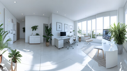 360 degree full panorama environment map of empty office loft interior with white tiled floor and bright day lighting 3d render illustration hdri hdr vr virtual reality content