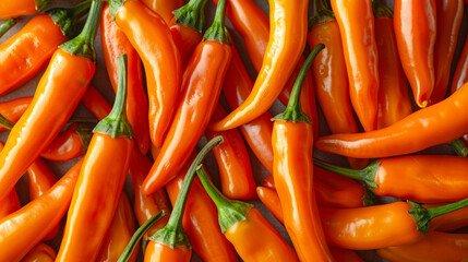 Natural background of fresh orange chili peppers. Healthy eating. Spicy food. A quality product. Full frame. Close-up.