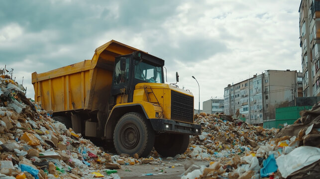 A dump truck is parked in a pile of trash